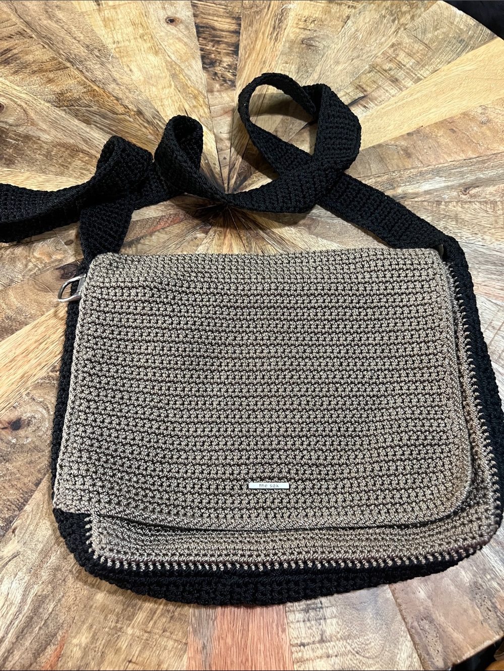 The Sak Crochet Crossbody Messenger Bag in Taupe and Black